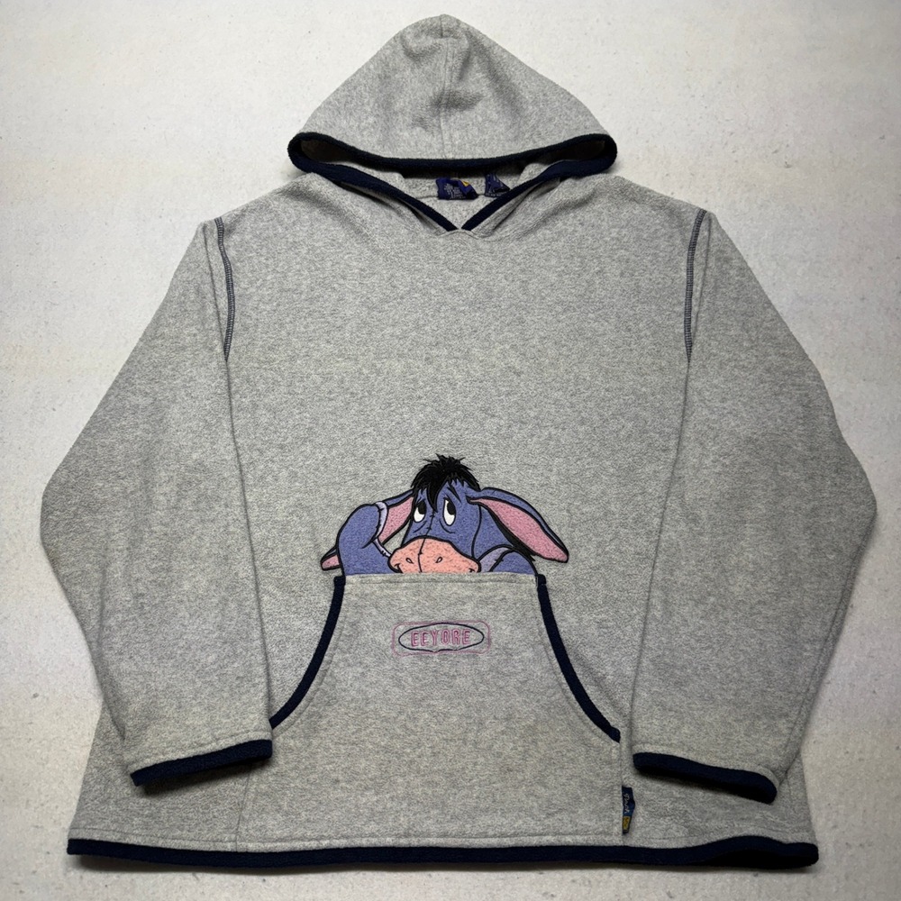 Vintage 90s Disney Pooh Fleece Hoodie Eeyore Embroidered Grey Boxy Fit Medium